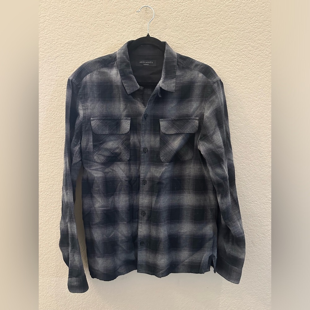 All Saints Black and Gray Plaid Casual Button Down Shirt
